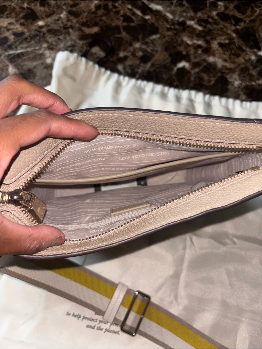 Kate Spade - Pebbled Leather Crossbody in Taupe with Yellow-Striped Strap - Picture 8 of 9